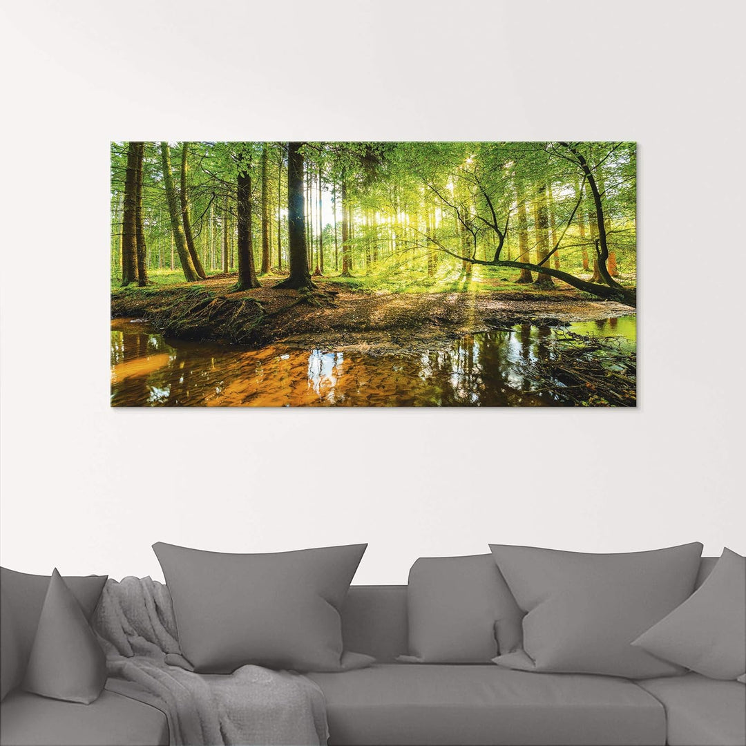 Glasbilder Wandbild Glas Bild einteilig 60x45 cm Querformat Wald Natur Landschaft Bäume Bach Sonne F