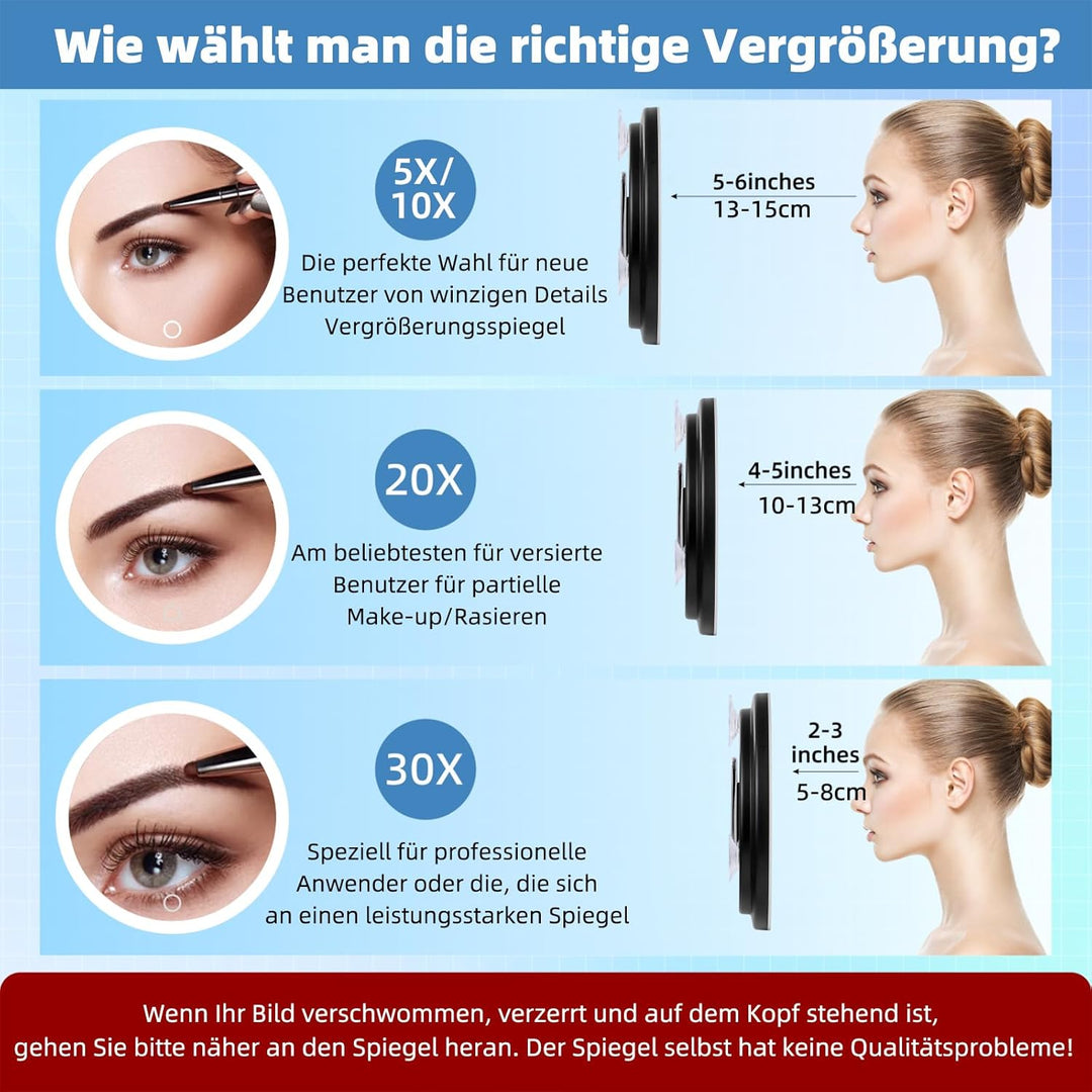 10x Vergrösserungsspiegel mit Licht 10fach, 15cm gross, 3 Farben, dimmbar, beleuchtet, 10x Reiseverg