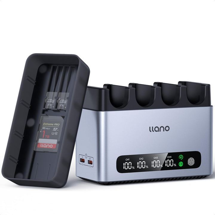 llano LP-E6P LP-E6NH Akku-Schnellladegerät, 65W 4-Slot, CNC-Alu, USB-C-Box | Für EOS R5, R5 C, R6, R
