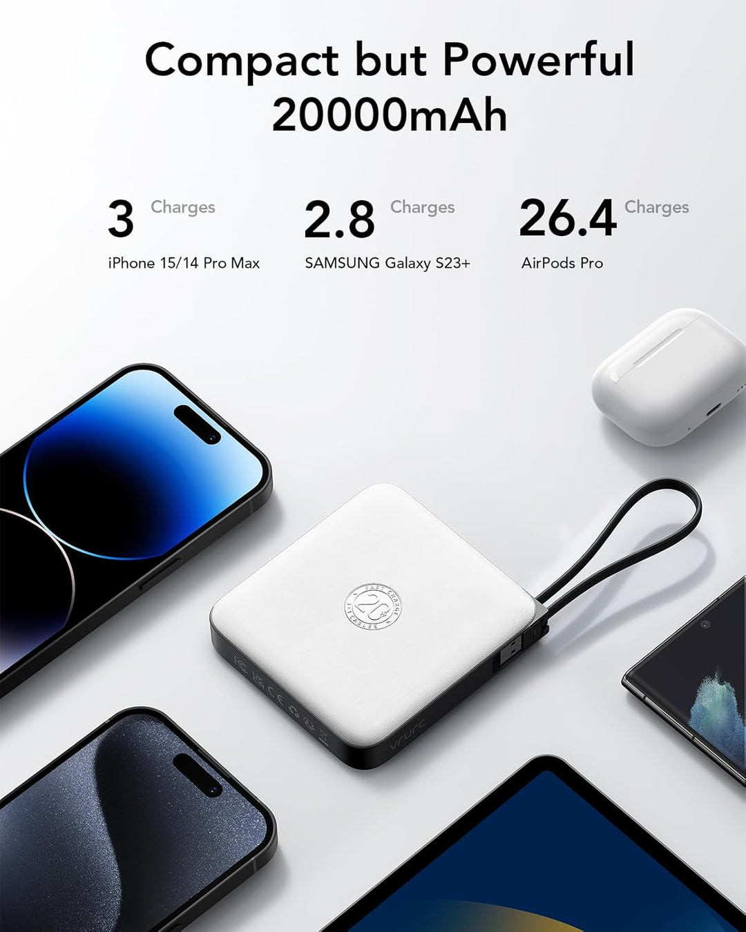 VRURC 20000mAh Power Bank mit Kabel Klein USB C Powerbank Schnelles Aufladen Mini Tragbares Ladegerä