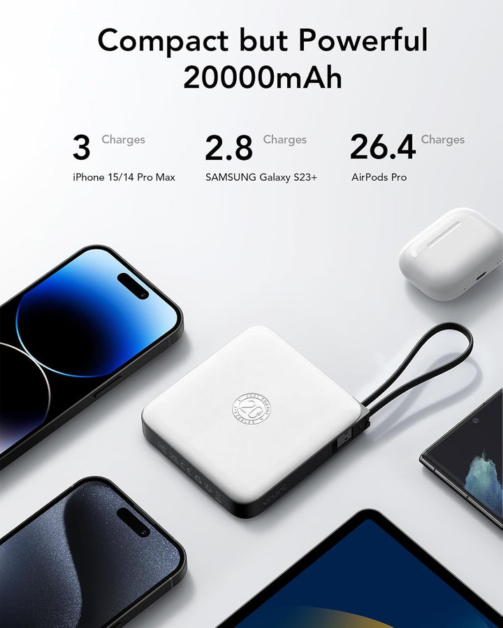 VRURC 20000mAh Power Bank mit Kabel Klein USB C Powerbank Schnelles Aufladen Mini Tragbares Ladegerä