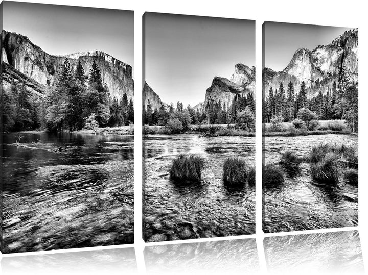 Pixxprint Monocrome, Fluss vor Berglandschaft 3-Teiler Leinwandbild 120x80 Bild auf Leinwand