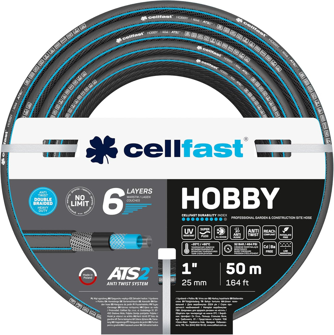 Cellfast Gartenschlauch Hobby, Formstabiler, Flexibel 6-lagiger Schlauch aus hochwertigem Doppelgefl