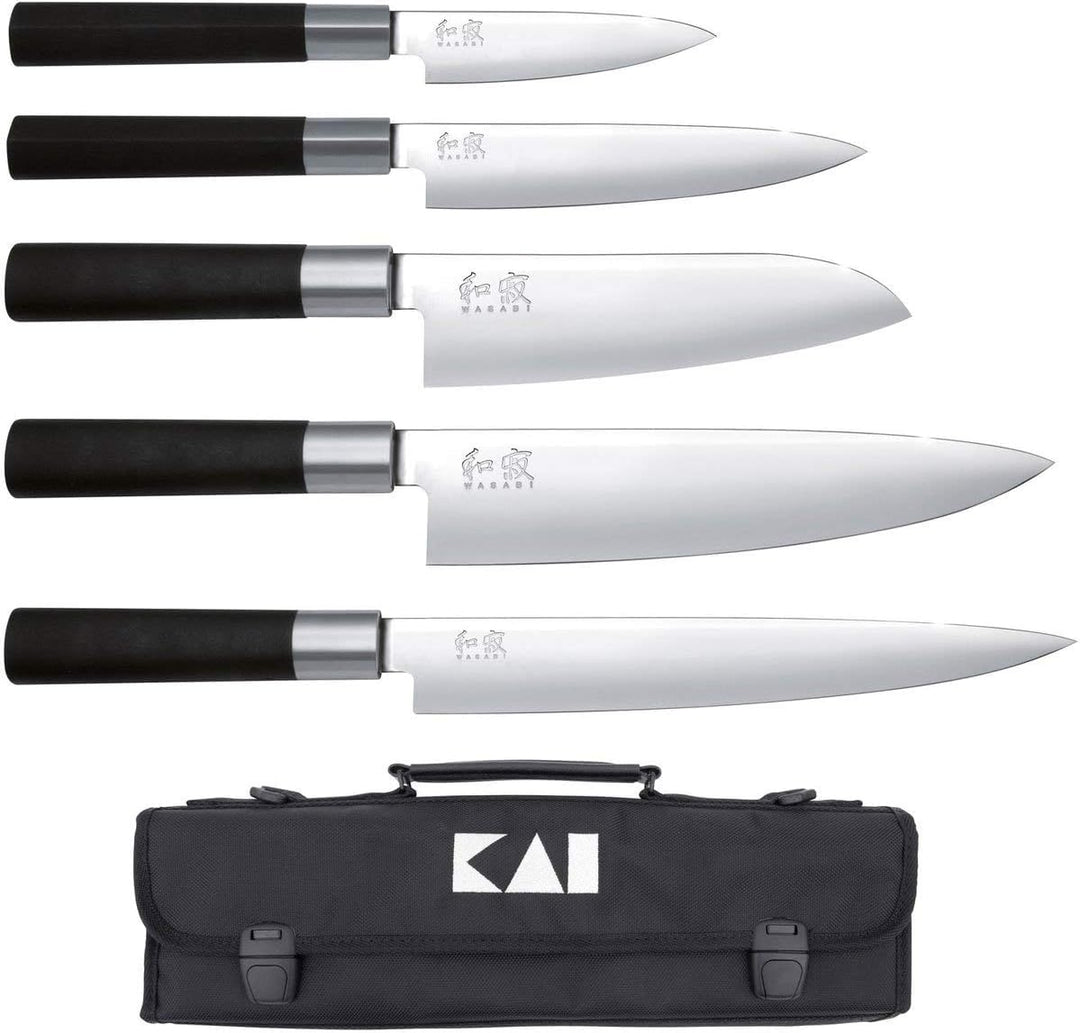 KAI Wasabi Black Europaset 6-teilig inkl. Messertasche Schwarz, Material: Edelstahl und Polypropylen