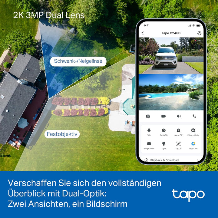 Tapo C246D WLAN Überwachungskamera Aussen mit 2K Dual-Objektiv, 125° Weitwinkel & 6mm Teleobjektiv,