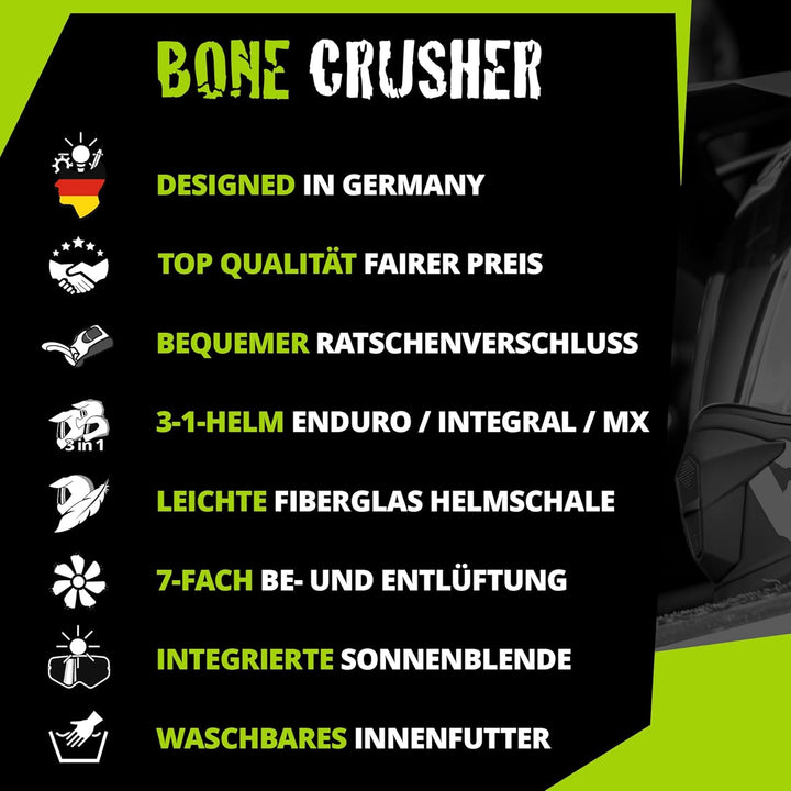 Broken Head Bone Crusher Motocross-Helm Grün mit Visier - Enduro MX Cross-Helm - Motorradhelm mit So
