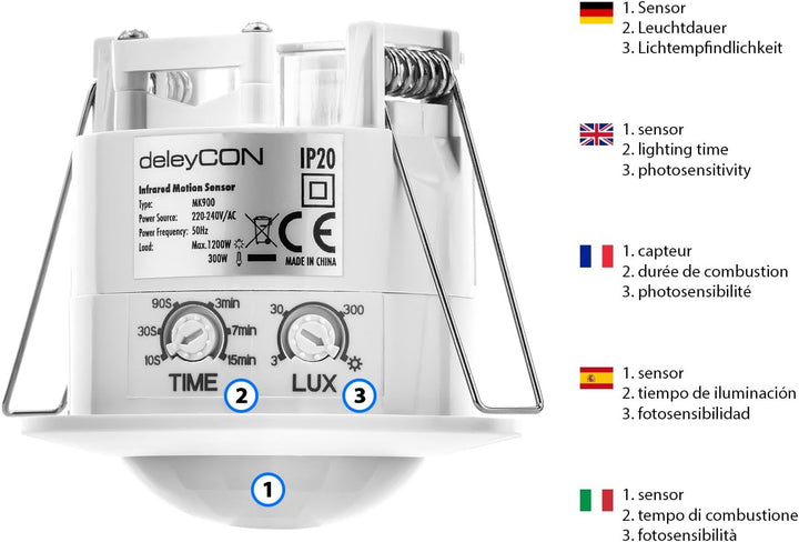 deleyCON 4X Infrarot Bewegungsmelder Unterputz Deckenmontage Innenbereich Lichtsteuerung 360° Arbeit