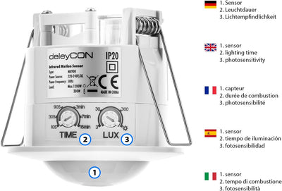 deleyCON 4X Infrarot Bewegungsmelder Unterputz Deckenmontage Innenbereich Lichtsteuerung 360° Arbeit