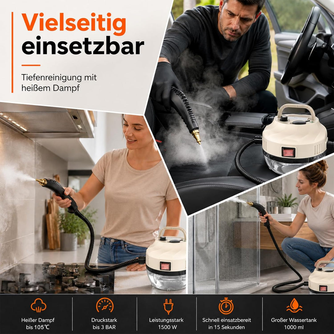 Dampfreiniger Handgerät, 15 Sekunden Aufheizzeit, 1L Wassertank, 1500W & 6 Geschwindigkeitsstufen, S