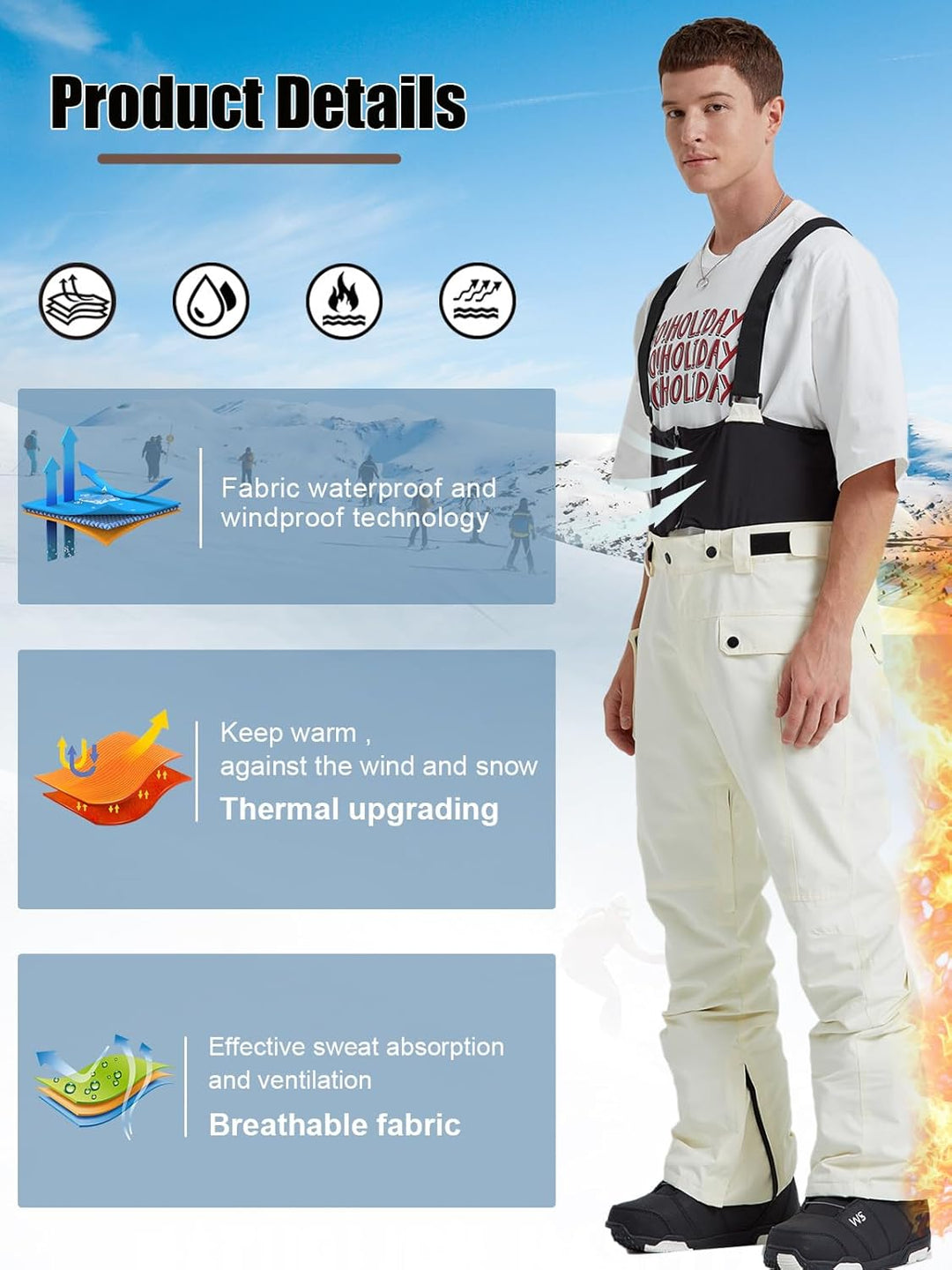 HOUZONIY Herren Skihose Wasserdicht Schneehose Softshellhose Winter Warm Gefüttert Snowboardhose Ove