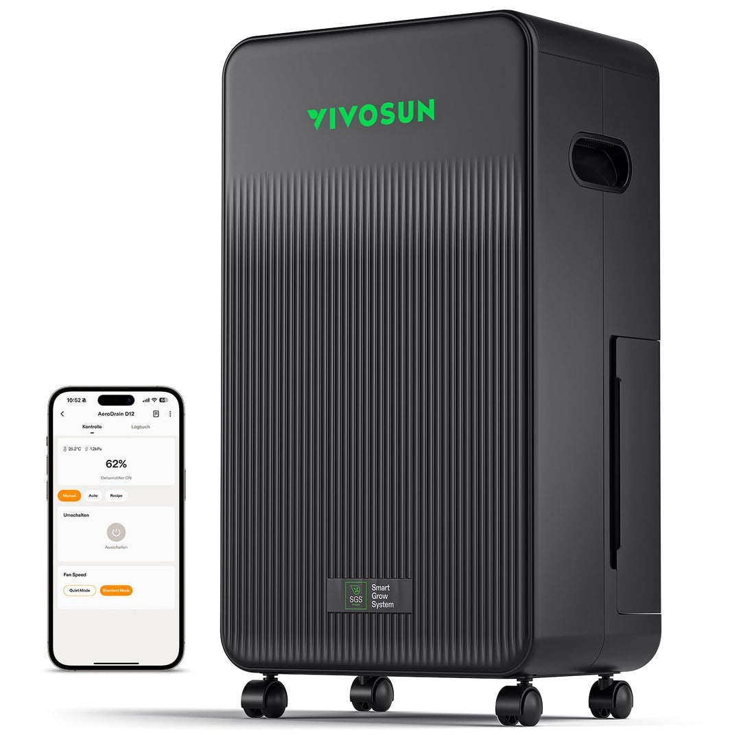 VIVOSUN AeroDrain D12 Luftentfeuchter Elektrisch 12L/Tag mit 2L Tank, Smart Dehumidifier mit Tempera