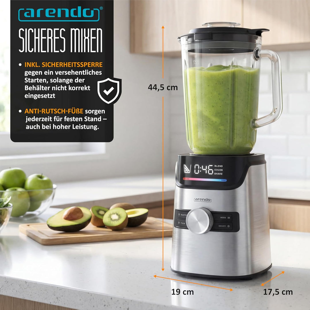 Arendo – Standmixer Glas 1400 W – Hochleistungsmixer - 1,7 L Fassungsvermögen – Mixbehälter aus Glas