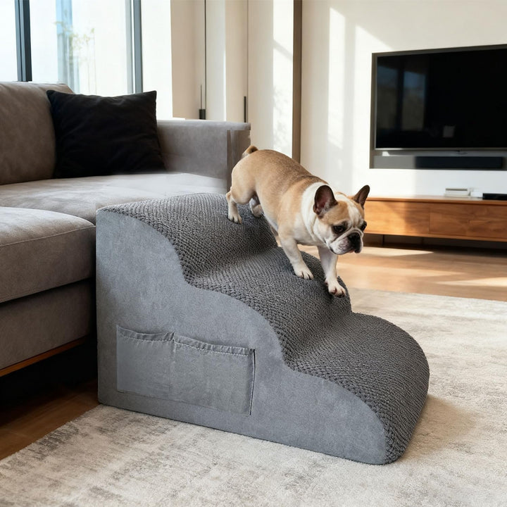 3-stufige Hundetreppe für Kleine Hunde mit Waschbarer Hülle, 2 Aufbewahrungstaschen & Tragegriff - H