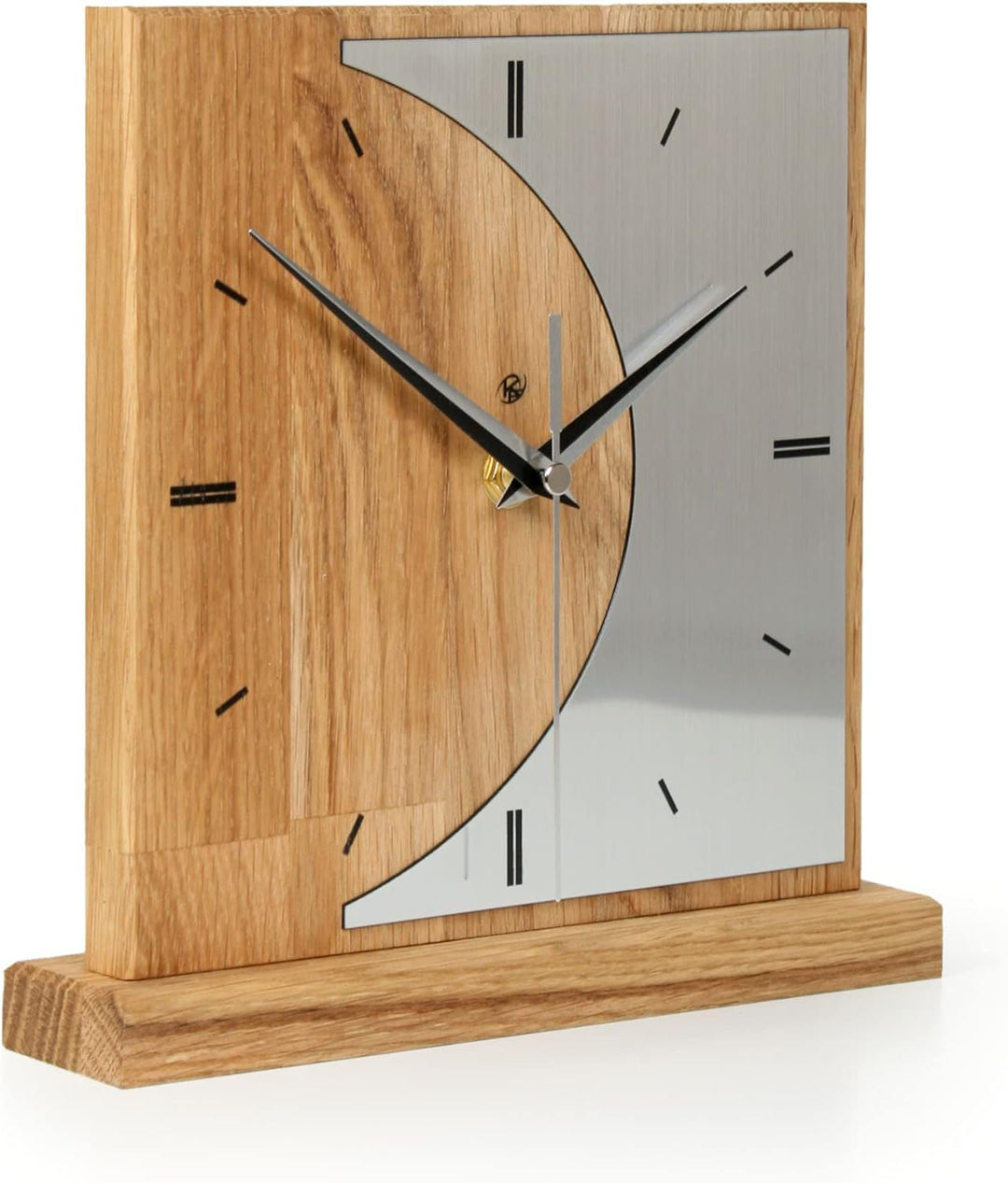 Kreative Feder Designer-STANDUHR „Silvermoon“ aus Eichenholz – analoge TISCHUHR ohne Tickgeräusche (