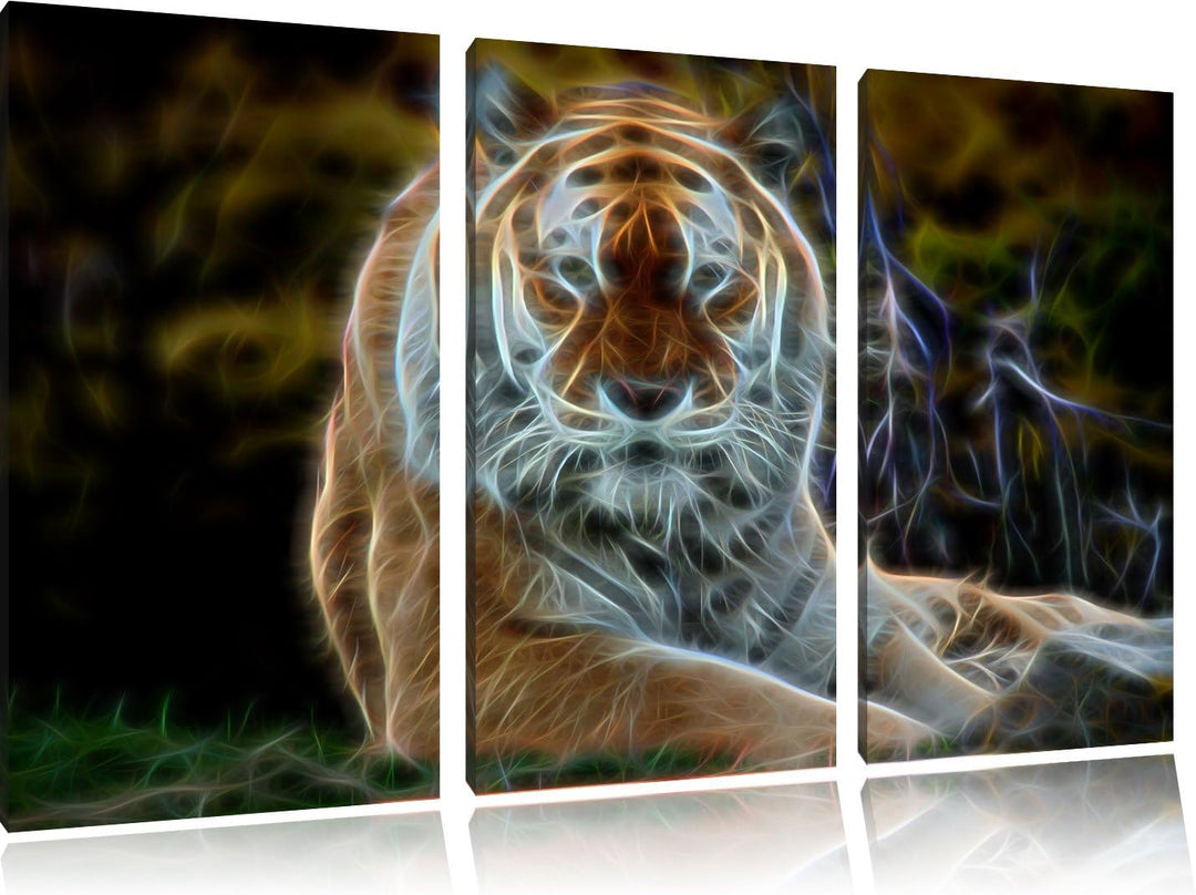 Dark schöner Tiger auf Wiese NewArt 3-Teiler Leinwandbild 120x80 Bild auf Leinwand, XXL riesige Bild