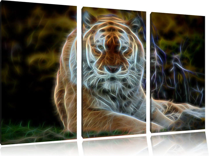 Dark schöner Tiger auf Wiese NewArt 3-Teiler Leinwandbild 120x80 Bild auf Leinwand, XXL riesige Bild