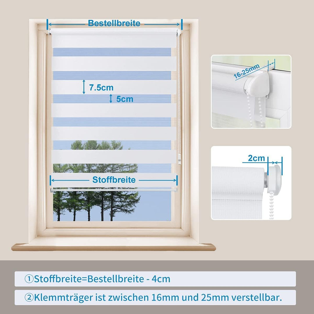Eurohome Doppelrollo Klemmfix ohne Bohren, Duo Rollo,40cm x 130cm (Stoffbreite 36 cm) Beige Transpar