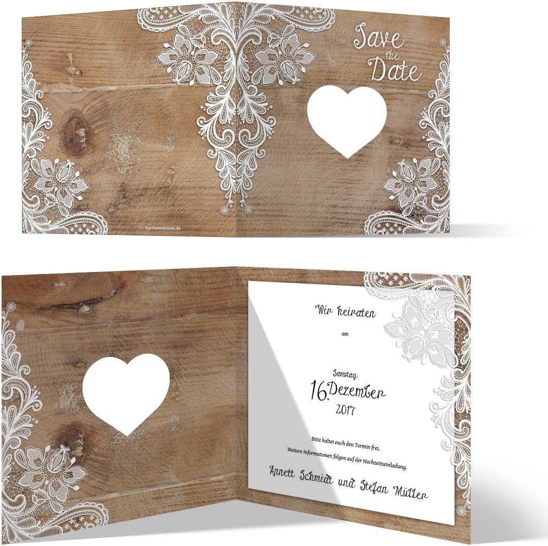 Lasergeschnittene Save the Date Karten (100 Stück) - Rustikal mit weisser Spitze - Hochzeitskarten,