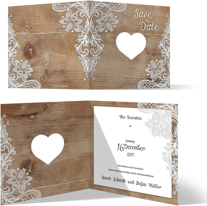 Lasergeschnittene Save the Date Karten (100 Stück) - Rustikal mit weisser Spitze - Hochzeitskarten,