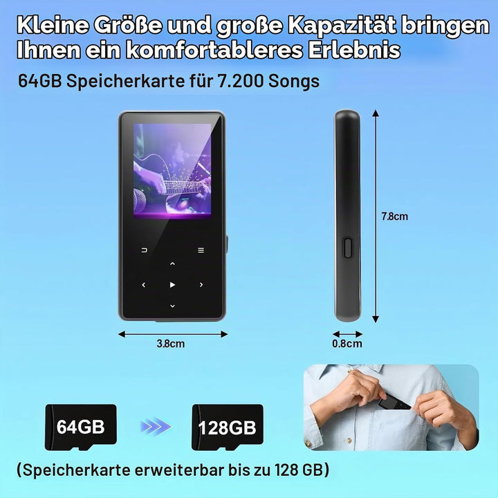MP3 Player 64GB mit Bluetooth, Mini Digitaler Musik Player mit Lautsprecher, FM Radio, HiFi Audio, M