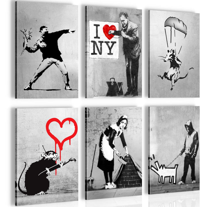 Novart Wandbilder Set Banksy Collage - KOMPLETT AUFHÄNGFERTIG - Made in Germany - Moderne Bilder Woh
