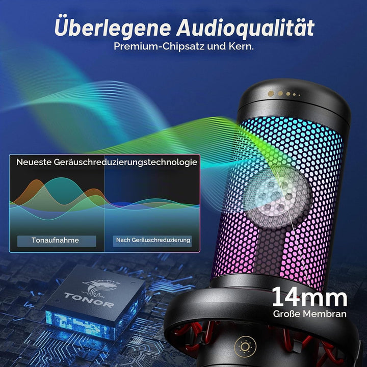 TONOR Gaming Mikrofon PC, USB Microphone für Computer PS4/5, Kondensatormikro mit RGB-Modi &amp; Helligk