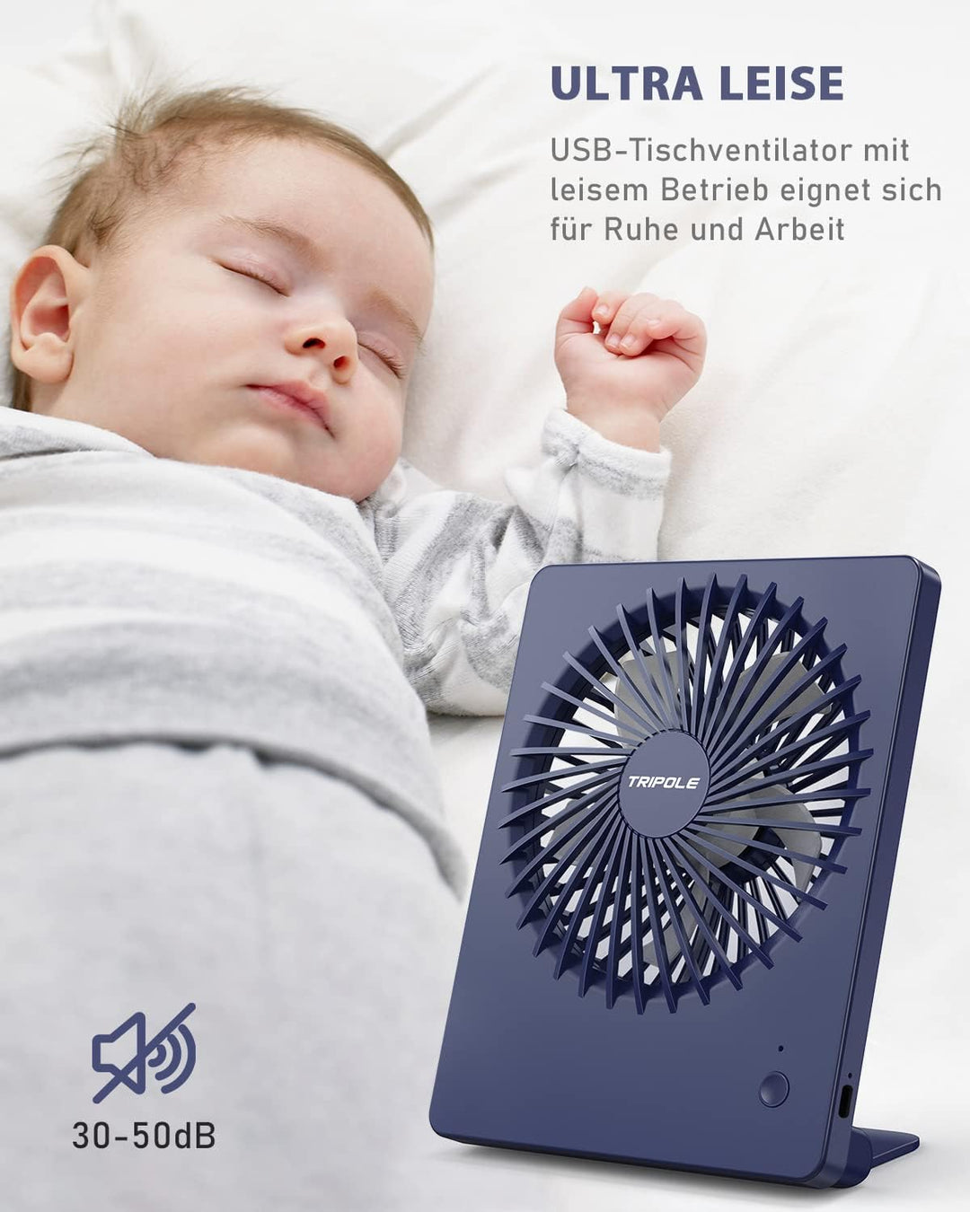 TriPole Tischventilator Leise, 2000mAh Ladefähige USB Ventilatoren Ausführen Bis zu 4-16 Std, 3 Gesc