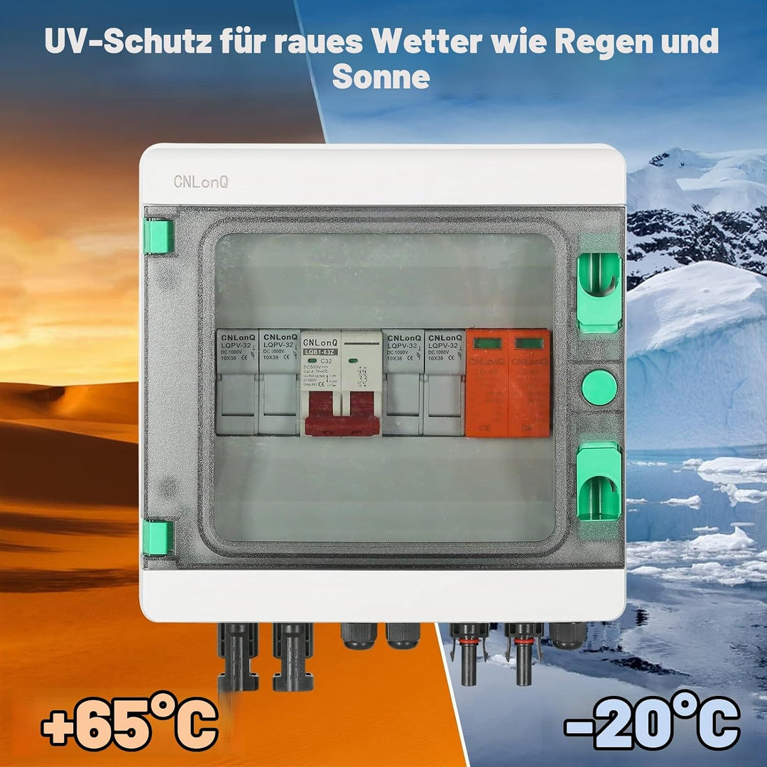 DEWIN 2 Saiten Solar PV Combiner Box, 2 String 500V 32A Solar PV Anschlusskasten Box 2 in 1 aus Wass