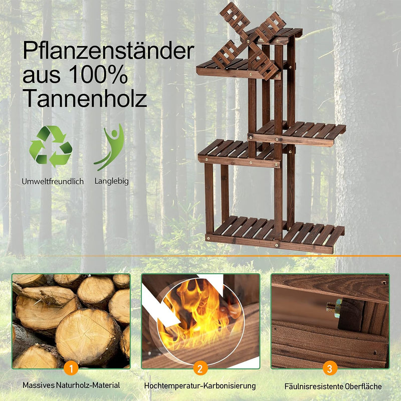 COSTWAY Pflanzenregal Blumenregal mit Windmühle, Blumenständer Holz, Blumentreppe Garten, Pflanzentr