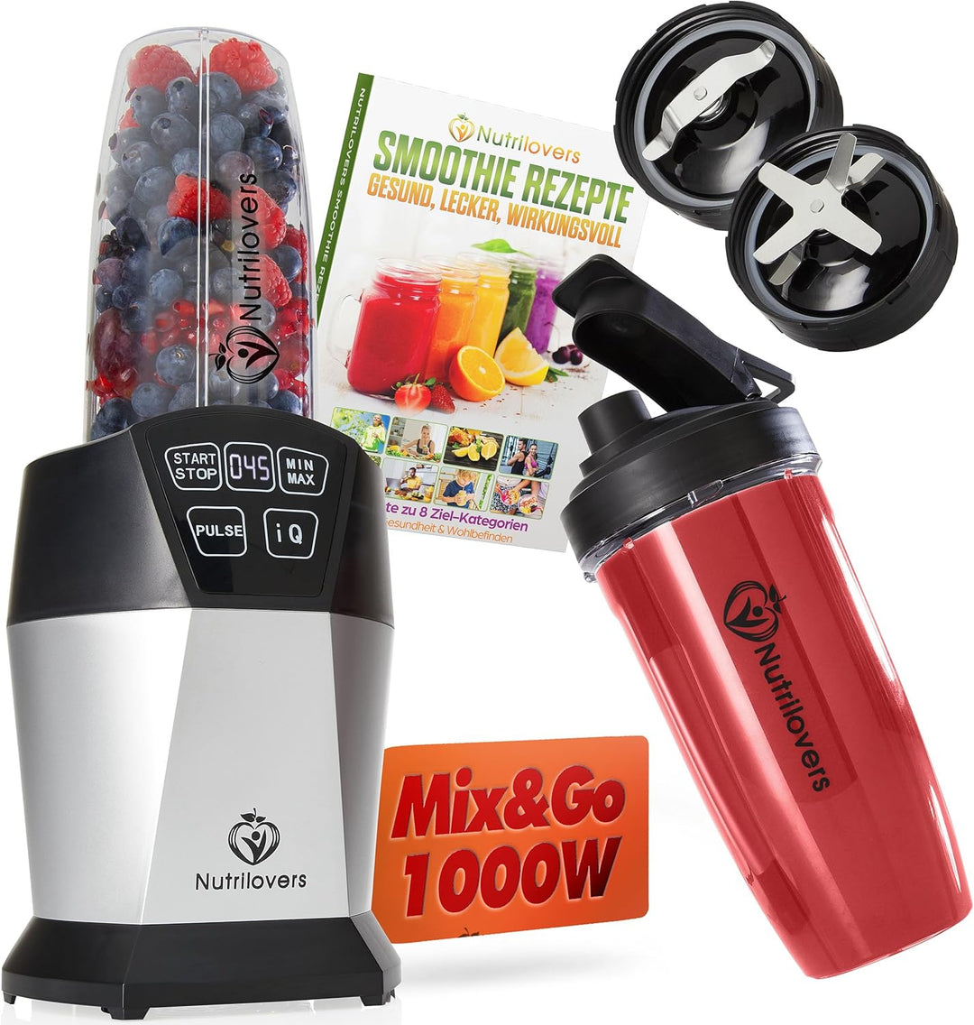 Nutrilovers NUTRI-BLENDER Mixer Smoothie-Maker to go 1000 Watt Standmixer klein Mini-Mixer für Smoot