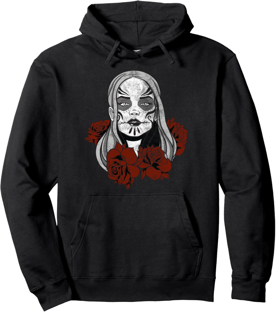 Mexikanische Totenmaske und roten Rosen mit Sugar Skull girl Pullover Hoodie
