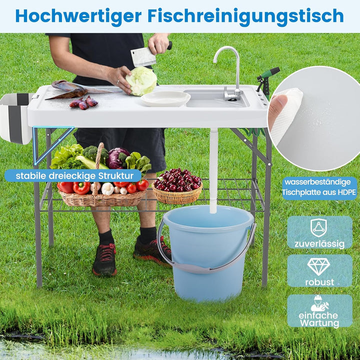 COSTWAY Klappbarer Fischreinigungstisch, Filetiertisch mit Spüle, Gitterablage, Wasserhahn, Sprühdüs