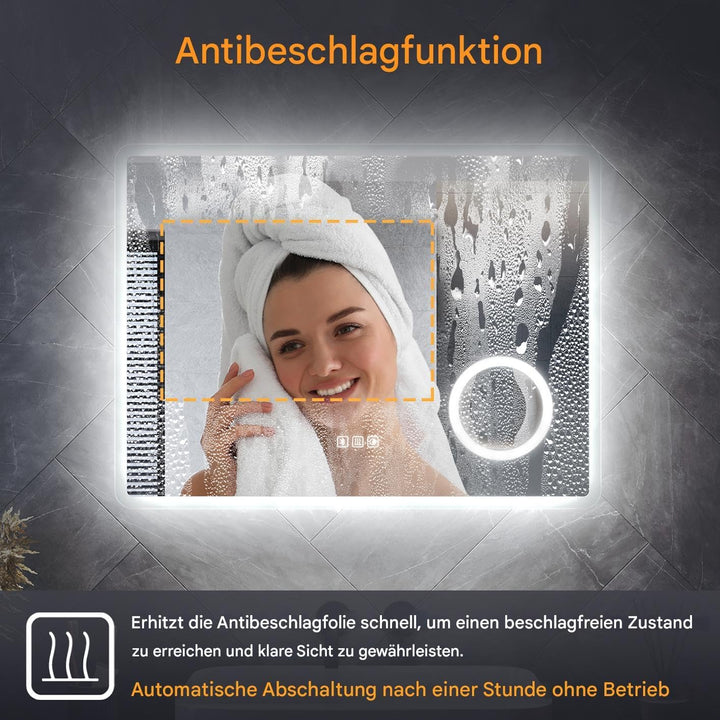 LED Badspiegel 80 x 60 cm Wandspiegel Bad mit Beleuchtung, 3 Farbe modi+Stufenlose Dimmung, Steckdos