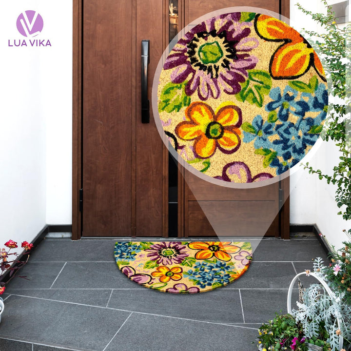 Fussmatte Kokos halbrund - Blumen - 40x70 cm - Fussmatte Aussen und Innen - Fussmatten Haustür - Tür