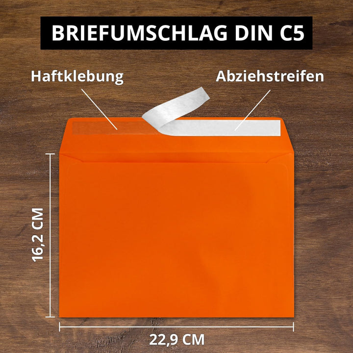 250x Briefumschläge DIN C5 Orange - 16,2 x 22,9 cm - Haftklebung - Edle Kuverts für grosse Einladung