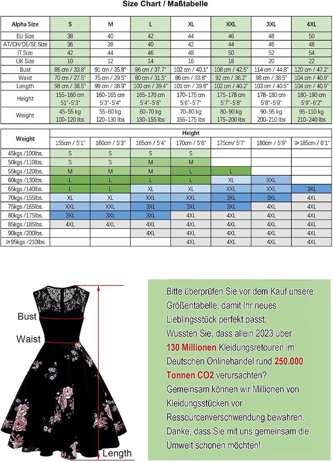 AXOE Damen 50er Jahre Rockabilly Kleid mit Blumenmuster Ärmellos M Farbe12, M Farbe12