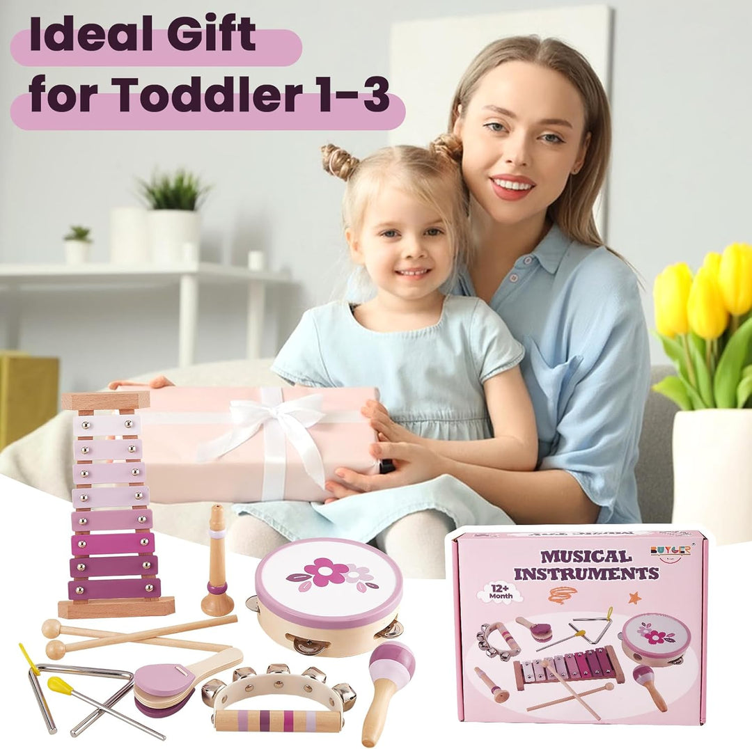 BUYGER Musikinstrumente für Kinder aus Holz ab 1 Jahre, mit Xylophon Schlagzeug, Baby Percussion Ins