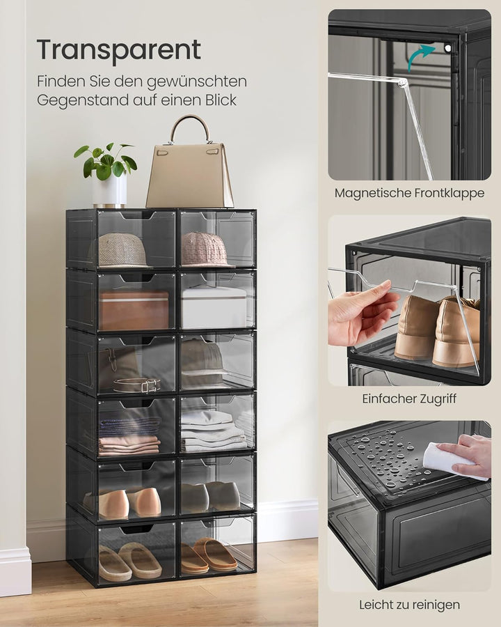 SONGMICS Schuhboxen, Schuh-Organizer aus Kunststoff, mit Tür, durchsichtig, Kunststoffboxen, 6er Set