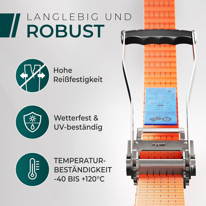 Schwerlast 5000kg Ratschengurte 6m - TÜV/GS & DIN Geprüft - Spanngurte mit Ratsche und Haken - QR La