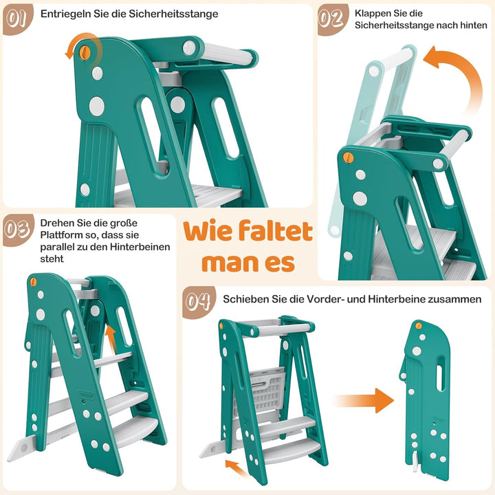 Onasti Lernturm für Kinder mit Sicherheitsgeländer, Lernturm Klappbar, Höhenverstellbar, Learning To