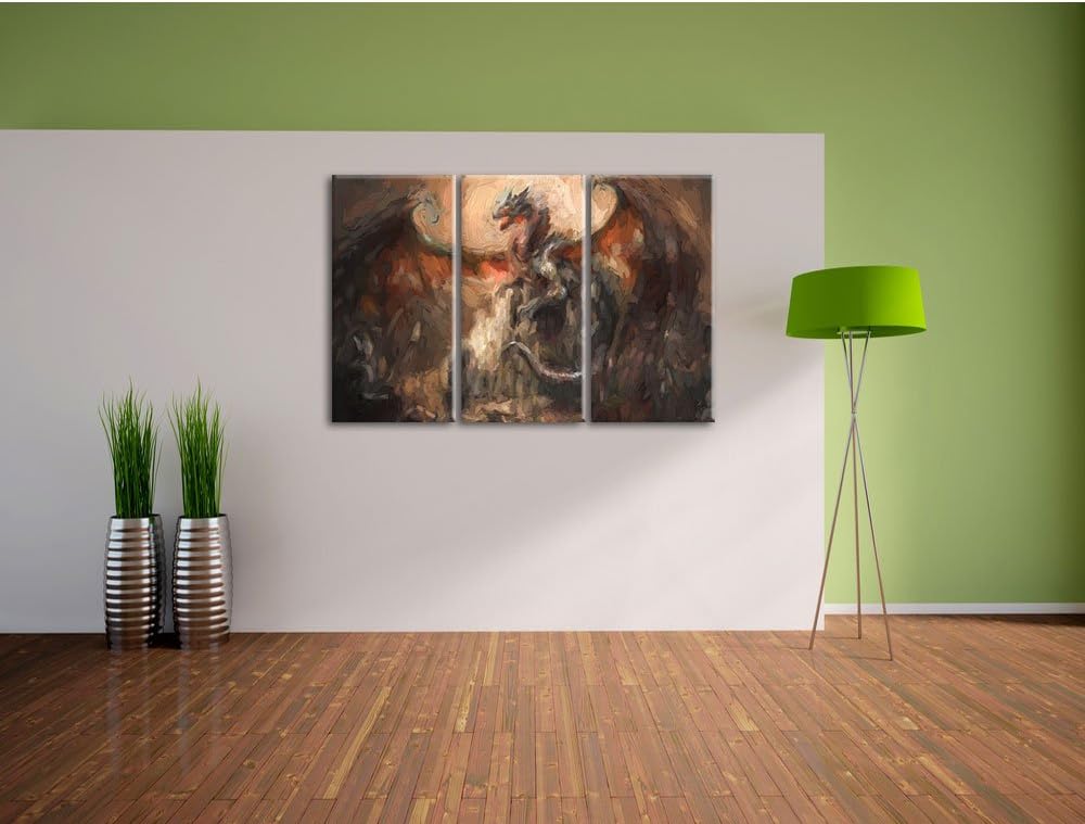 Pixxprint Drache schützend über Burg Pinsel Effekt 3-Teiler Leinwandbild 120x80 Bild auf Leinwand