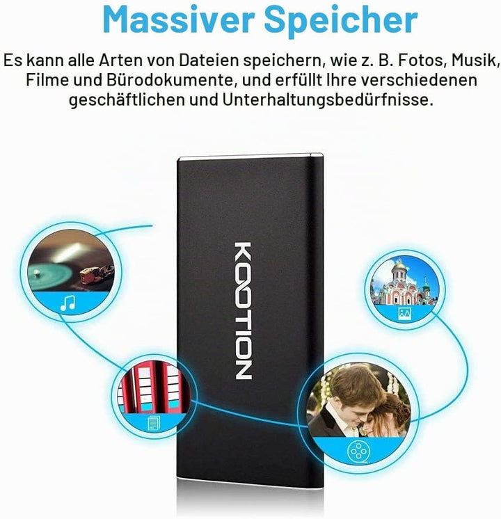 KOOTION Externe Festplatte SSD 500GB, Externe Portable SSD Hard Drive USB 3.1 Typ-C Schnell Solid St
