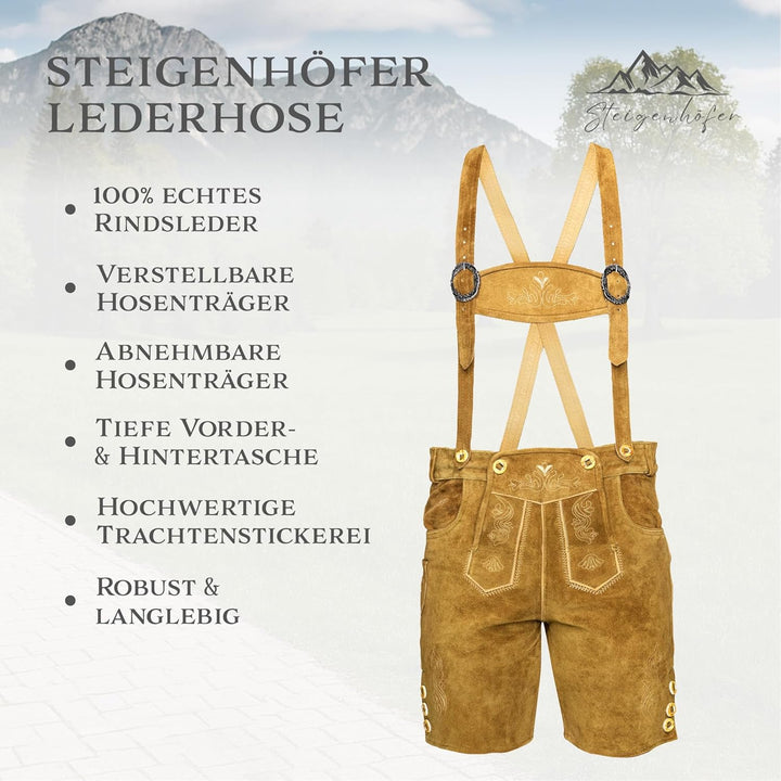STEIGENHÖFER Kurze Trachten Lederhose für Herren mit passenden Trägern, echtes Premium Veloursleder