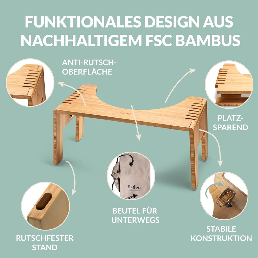Hey Nature Hoca Holz Mobil Toilettenhocker klappbar aus FSC Bambus gegen Hämorrhoiden, Verstopfung &
