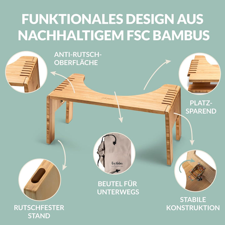 Hey Nature Hoca Holz Mobil Toilettenhocker klappbar aus FSC Bambus gegen Hämorrhoiden, Verstopfung &