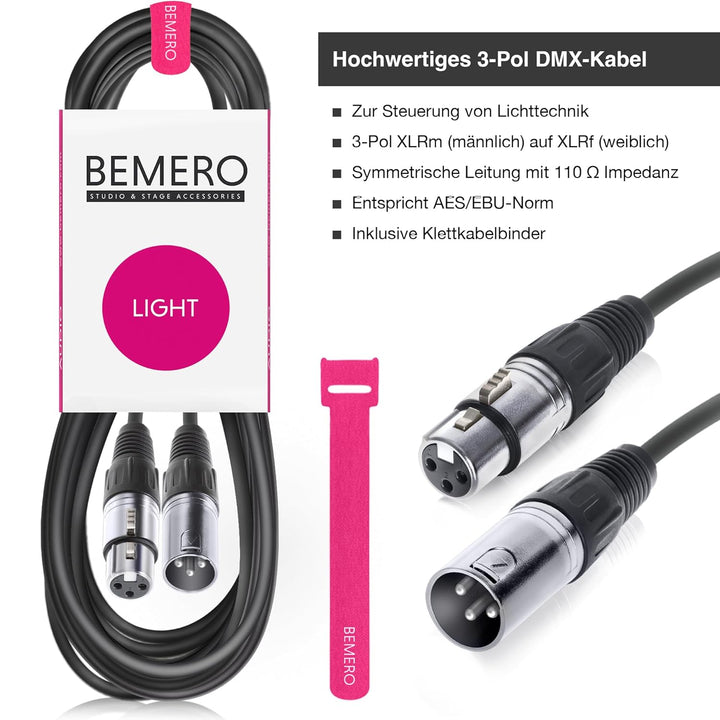 BEMERO DMX-Kabel, Lichtkabel, 3-Pin XLRf auf XLRm, 110 Ohm, 12 m, schwarz, 12 m