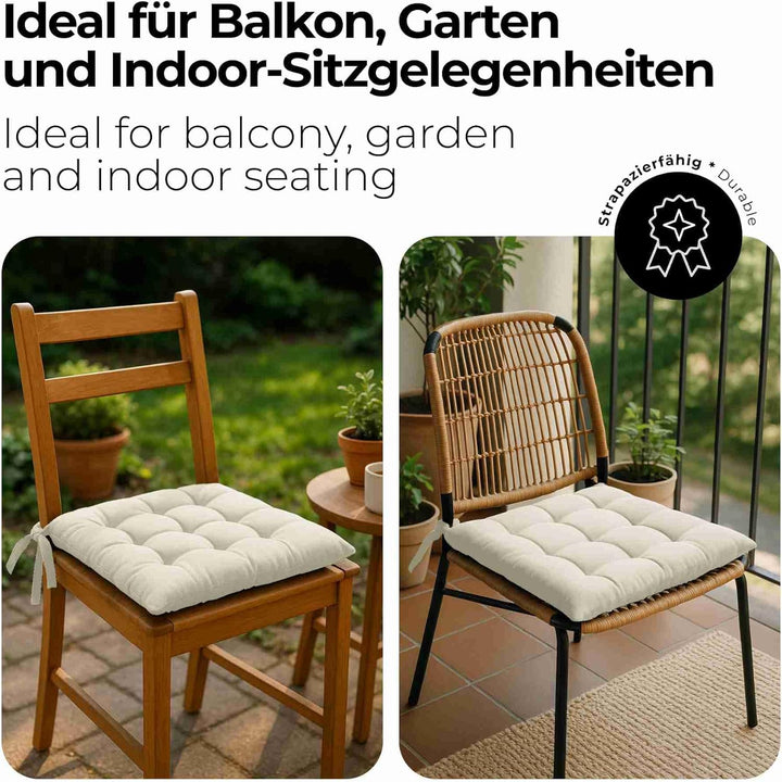etérea 2er Set Sitzkissen Outdoor 40x40 mit Bändern - Stuhlkissen Creme für Gartenstuhl &amp; Innenberei