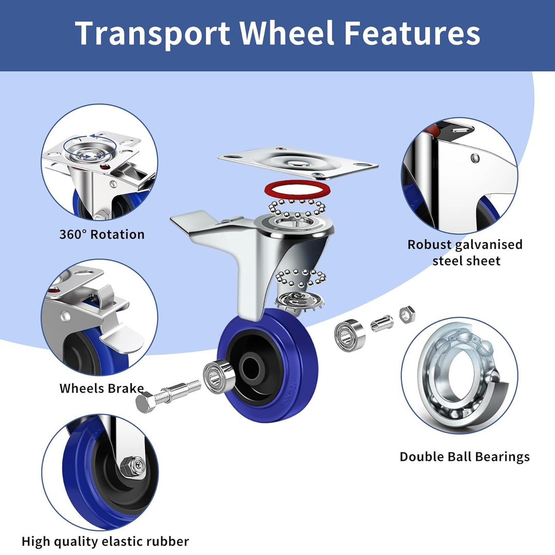 Forever Speed Schwerlastrollen 100mm 4 Stück Gummi Lenkrollen mit Bremse Premium Transportrollen bis