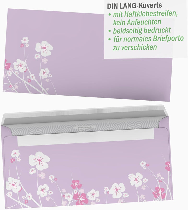 Briefpapier-Set 50-tlg. "Blumenranken LILA", 25 Blatt Motivpapier 90g/qm und 25 passende Kuverts DIN