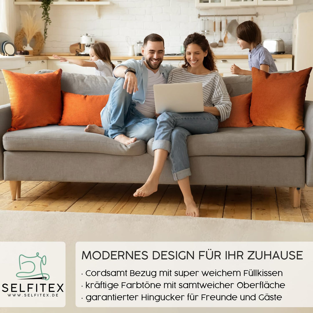 Selfitex 4er Set Cord Kissen 2X 50x50 + 2X 30x50, Couchkissen mit Füllung und Bezug, Kissen Cord, sa
